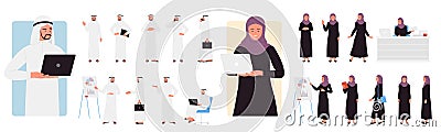Arab business people poses set, saudi woman and man in traditional robes standing Vector Illustration