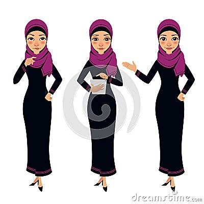 Arab business woman character. Three different poses Vector Illustration