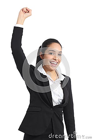 Arab business woman euphoric raising arm Stock Photo