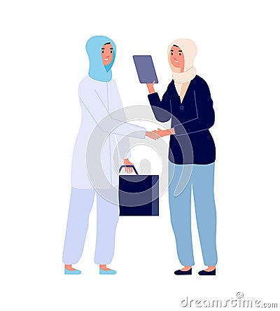 Arab business woman. Muslim female characters, successful agreement or teamwork. Office managers, girls handshake vector Vector Illustration