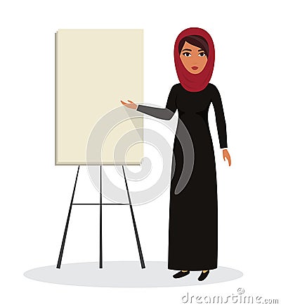 Arab business woman, teacher profession. Muslim businesswoman wearing hijab. Vector character illustration Vector Illustration