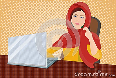 Arab Business Woman In Traditional Clothes Working At Laptop Computer Over Retro Comic Background Vector Illustration