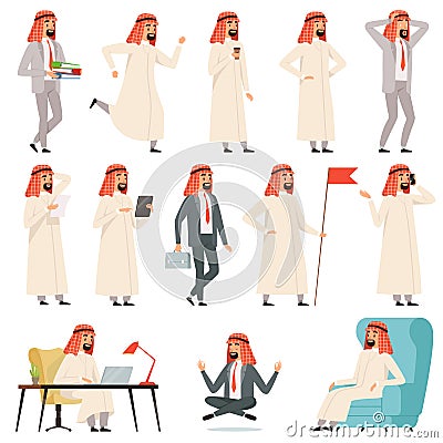 Arab businessman. Arabic worker standing smiling and making some deals with business items vector muslim character in Vector Illustration