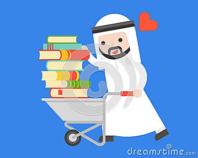 Arab businessman carry a pile of book with cart, world book day Vector Illustration