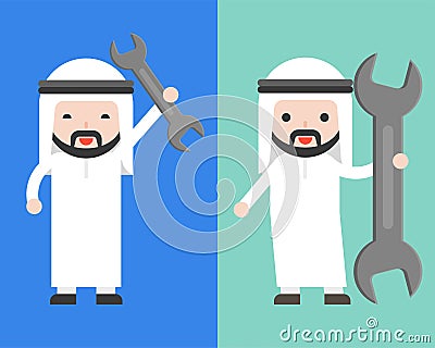 Arab Businessman holding pliers, ready to use character Vector Illustration