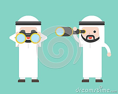 Arab Businessman or manager with binoculars and monocular scope, ready to use character Vector Illustration