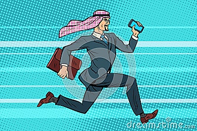 Arab businessman runs forward, phone and briefcase in hand Vector Illustration