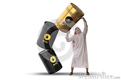 The arab businessman supporting oil barrel Stock Photo