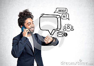 Arab businessman talking on the phone, speech bubble and network doddle Stock Photo