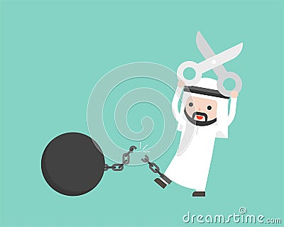 Arab Businessman use scissor cutting chain from iron ball, freed Vector Illustration