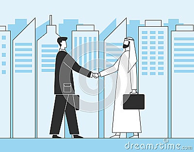 Arab businessmen, business handshake. Muslim investors on the background of city skyscrapers. Flat illustration Cartoon Illustration