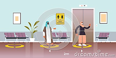 Arab businesspeople in protective masks keeping distance to prevent coronavirus pandemic social distancing Vector Illustration