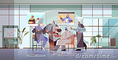 arab businesspeople team discussing with arabic colleagues during video call virtual conference Vector Illustration