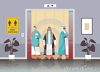 Arab businesspeople wearing protective masks keeping distance to prevent coronavirus social distancing Vector Illustration