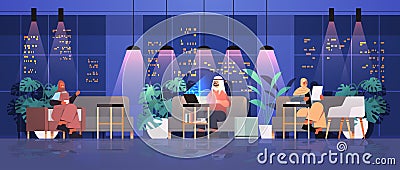 arab businesspeople working in creative open space arabic business people team in night dark office Vector Illustration