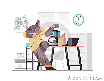 arab businesswoman drinking coffee in office coffee break concept horizontal Vector Illustration