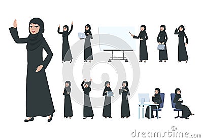 Arab businesswoman. Saudi muslim business woman character. Islam arabian female in business activity, cartoon office Vector Illustration