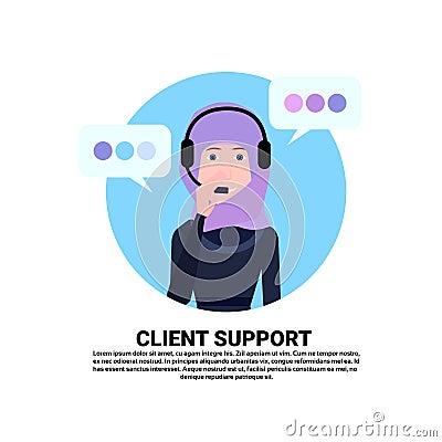 Arab call center headset agent woman client support online operator, muslim customer and technical service icon, chat Vector Illustration