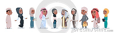 Arab Children Girls And Boys Group Small Cartoon Pupils Collection Muslim Students Vector Illustration
