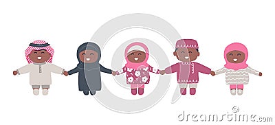 Arab children holding hands. Baby girls and baby boys. Cute cartoon characters Vector Illustration