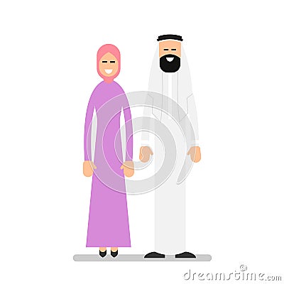 Arab couple. Arabic man and woman in traditional clothes standing together. Cartoon illustration isolated on white background in Vector Illustration