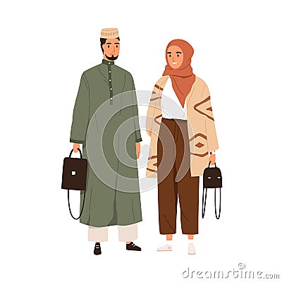 Arab couple in modern casual clothes and headwears. Portrait of Muslim man in thobe and woman in hijab and pants. People Vector Illustration