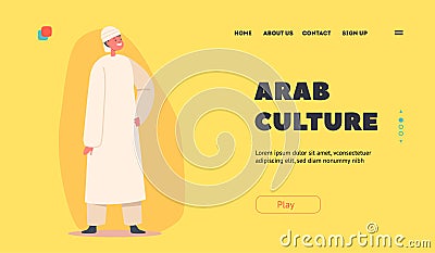 Arab Culture Landing Page Template. Arabian Boy Wear Traditional Clothes. Preteen Child Male Character in Long Dress Vector Illustration