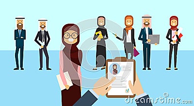 Arab curriculum vitae recruitment candidate job position, hands hold CV profile choose from arabic group of business Vector Illustration