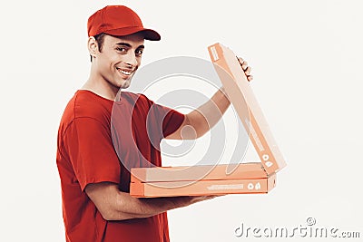 Arab Deliveryman Open Pizza on White Background. Stock Photo