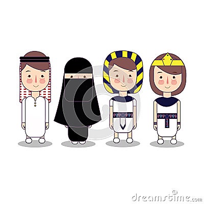 Arab and egypt national clothes. Set of cartoon characters in traditional costume. Cute people. Wearing hijab Islam flat Vector Illustration