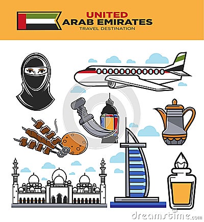 Arab Emirates UAE travel tourism landmarks and culture vector icons set Vector Illustration
