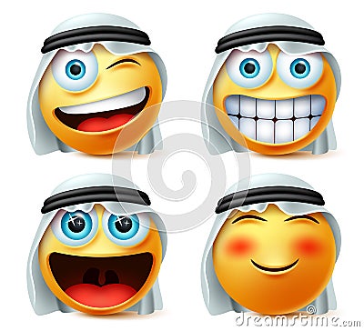 Arab emoticon or emojis vector set. Saudi arab emoticon face head with naughty and excited wearing. Vector Illustration