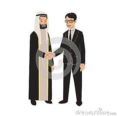 Arab and European businessmen shaking hands. Business meeting with Arab partners. Vector illustration, isolated on white Vector Illustration