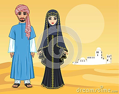 Arab fairy tale. Animation portrait of the beautiful Arabic family in ancient clothes. Vector Illustration