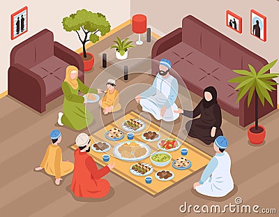 Arab Family Meal Illustration Vector Illustration