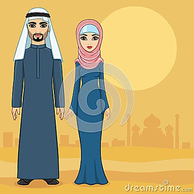 Arab family in traditional clothes Vector Illustration