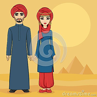 Arab family in traditional clothes Vector Illustration