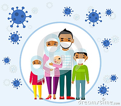 Arab family wearing protective medical mask protect them from COVID 19, coronavirus. Cartoon Illustration