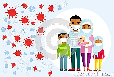 Arab family wearing protective medical mask protect them from COVID 19, coronavirus. Cartoon Illustration