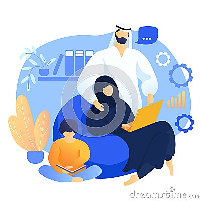 Arab family work together at home. wife helps husband to work online and child reads book. freelance. Concept for working, Stock Photo