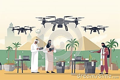 arab farmers controlling agricultural drones sprayers quad copters flying to spray chemical fertilizers in greenhouse smart Cartoon Illustration