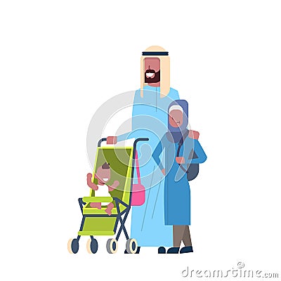 Arab father daughter baby son in stroller full length avatar on white background, successful family concept, flat Vector Illustration