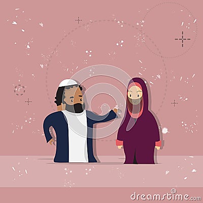 Arab Female And Male Couple Cartoon Woman Man, Muslim People Portrait Vector Illustration