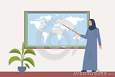 Arab female teacher in hijab stands with pointer near blackboard in her classroom. Earth map on black board, woman with Vector Illustration