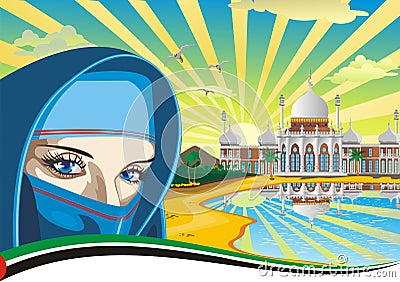 Arab girl. Arabic Palace on the coast. Vector Illustration