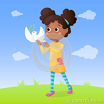 Arab girl on the green meadow with white dove in her hands and blue sky. Freedom and peace concept. Vector illustration. Vector Illustration