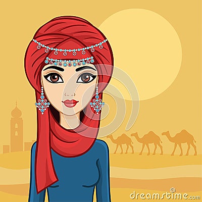 Arab girl in a turban in the desert. Vector Illustration