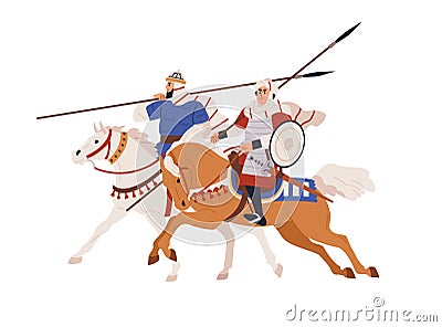 Arab horse warriors. Historical military horsemen riding horseback, armoured with spears. History fighters, Muslim Vector Illustration
