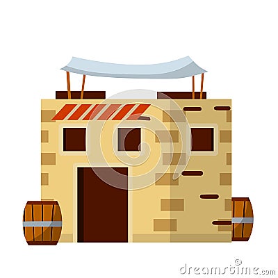 Arab house. Medieval stone building in middle East. Element of old city and landscape. Brown walls Vector Illustration