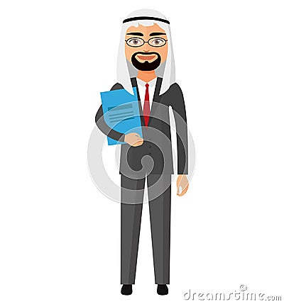 Arab iran businessman with glasses and briefcase vector flat car Vector Illustration